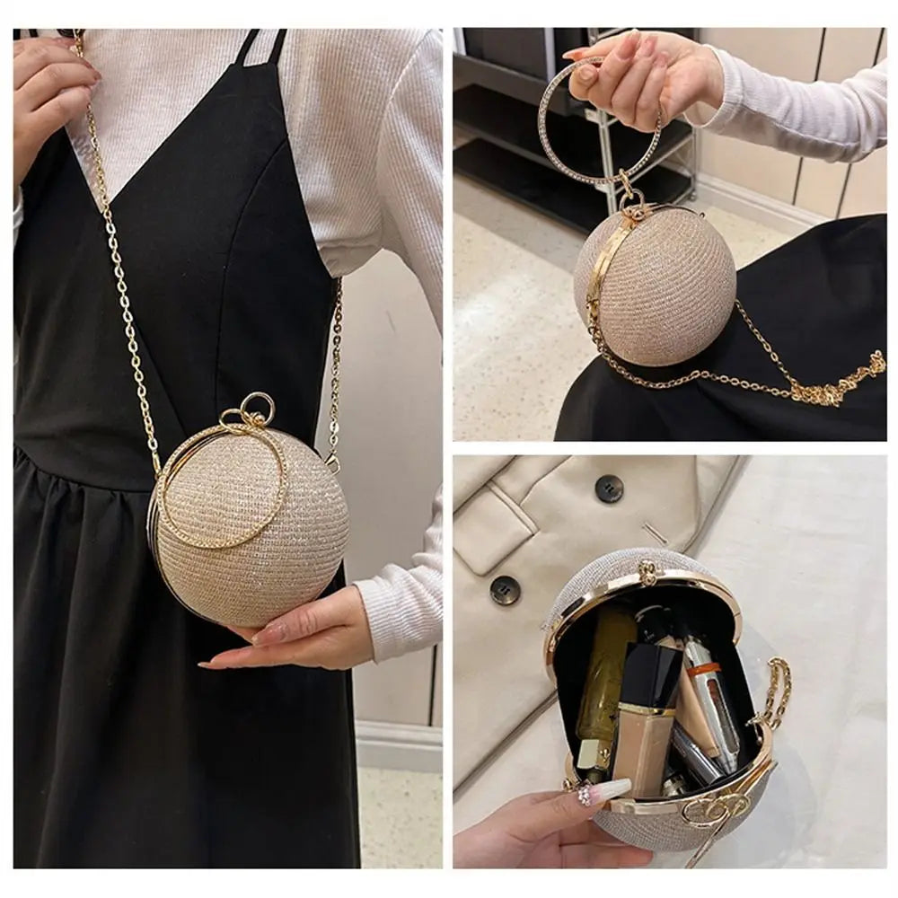 Luxury Circular Evening Bag Gold Bright Silk Rhinestone Decorative Chain Banquet Clutch Handbags Women Female