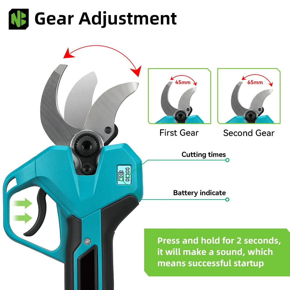 NEWBENY 65MM Cordless Electric Pruning Shears 2 Gears Handheld Scissors Tree Branches Cutting Power Tools For Makita Battery Pin