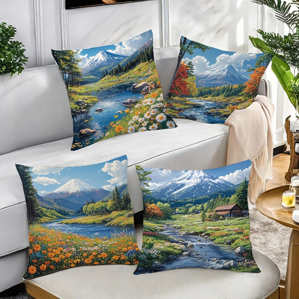 4-piece pillowcase set, nature theme featuring patterns of rivers, flowers, trees, and mountains, insert not included
