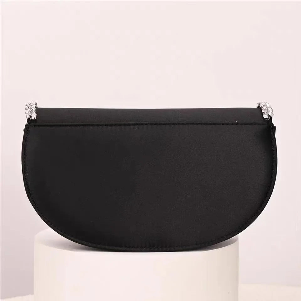 Luxury Satin Moon Bag Glitter Rhinestones Diamond Evening Bag Fashion Women Handbag Wedding Party Clutch Purse Shoulder Bag