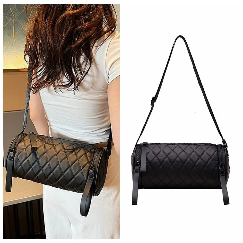 Simple Solid Color Cylinder Bag Round Diamond Bucket Bag Nylon Wide Shoulder Strap Barrel Bag Travel