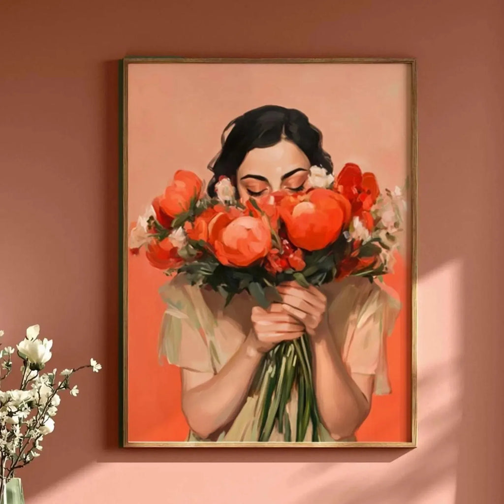 Green Abstract Figures Canvas Print with Flower Woman Minimalist Japandi Female Portrait Art Poster for Modern Living Room Decor