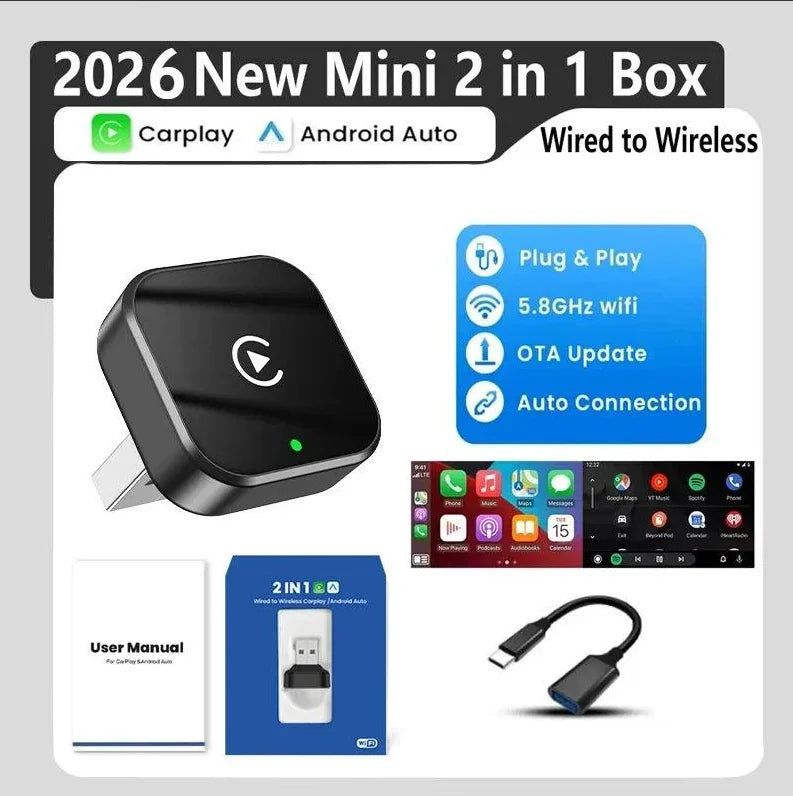 2026 2in1 CarPlay/Android Auto Adapter Wired to Wireless Dongle for Apple & Android Plug and Play Universal Car Accessory Newest