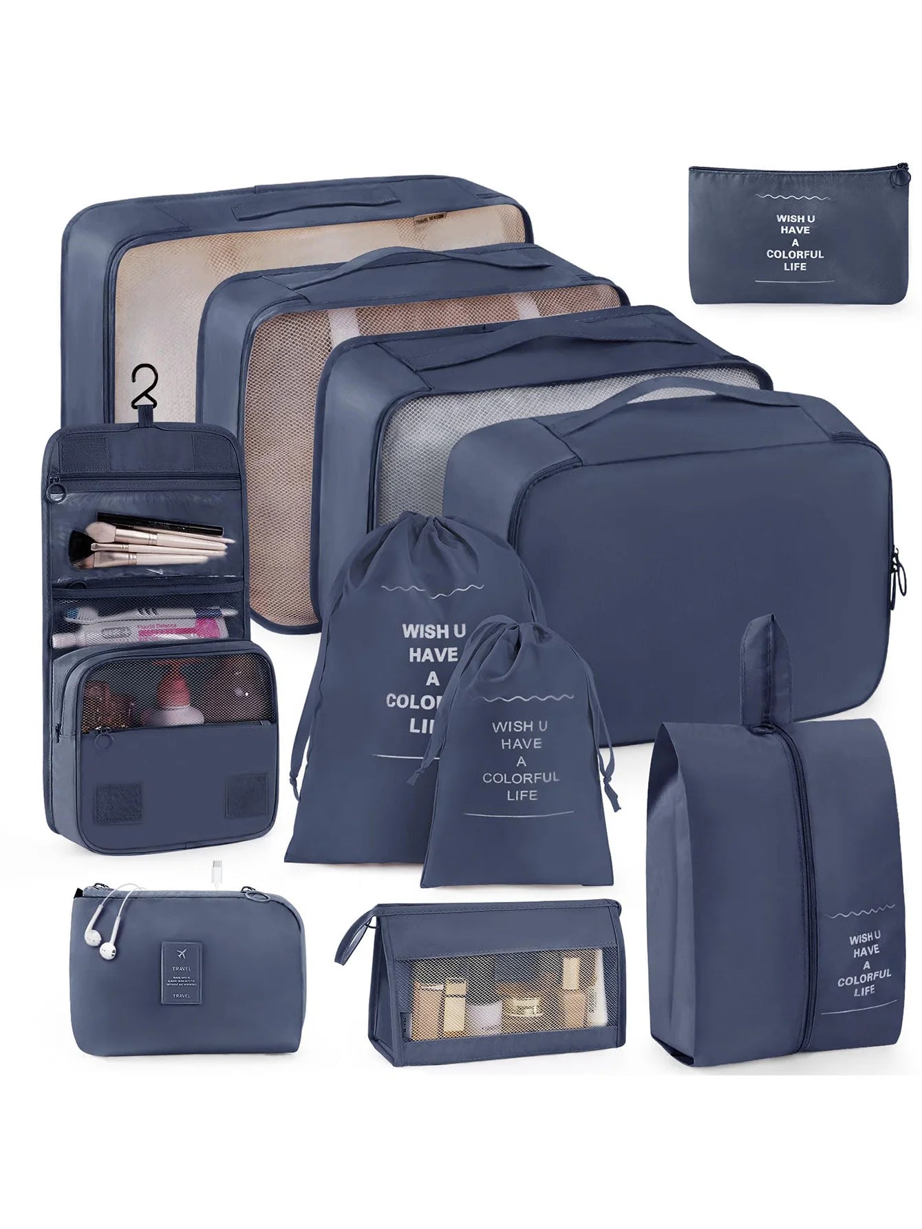 11-Piece Portable Travel Storage Bag Set - Easily Organize Your Clothes, Shoes, and Underwear - Perfect for Daily Travel, Business Trips, Home Storage, Suitable for Luggage and Suitcases, Travel Storage Bags with Slogan Patte