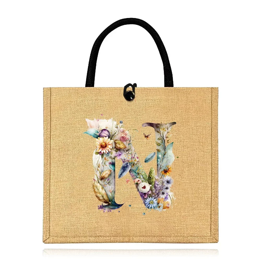 Flax Bag Fastener Handbag Organizer Storage Jute Tote Bags Imitation Cotton Women Valise Portable Floral Letter Printing Series