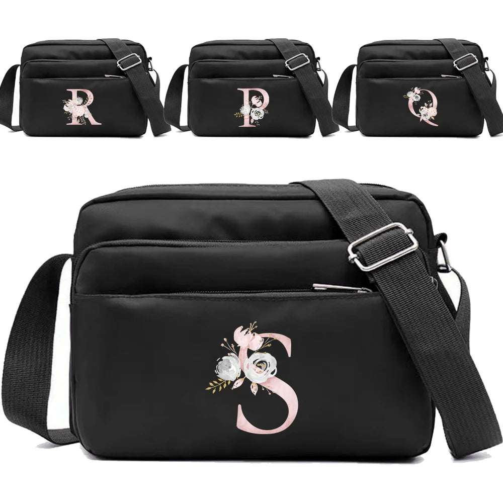 New Simple Black Storage Bag Multi-layer Travel Leisure One Shoulder Crossbody Bag Pink Flower Letter Series Printing Pattern
