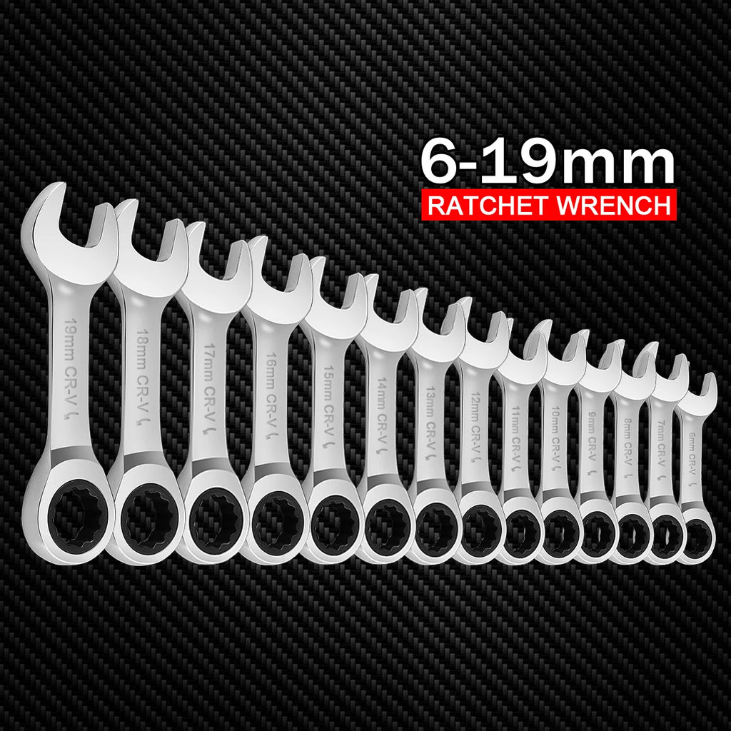 Stubby Combination Wrench Set, Metric, 14-Piece, 6-19mm, 12 Point, CR-V Steel