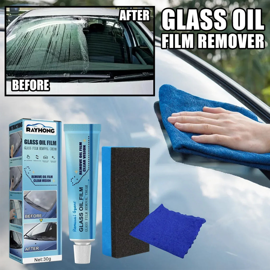 Car Glass Film Removal Cream Strong Decontamination Windshield Stain Remover with Sponge Mirror Cleaner for Auto Maintenance