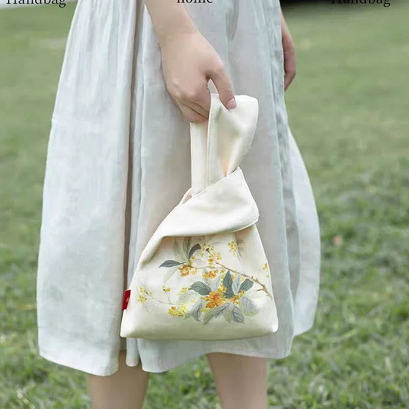 Cute Panda Persimmon Knot Wrist Bag, Canvas Tote Bag, Mini Handbag for Daily Use, Eco-Friendly Reusable