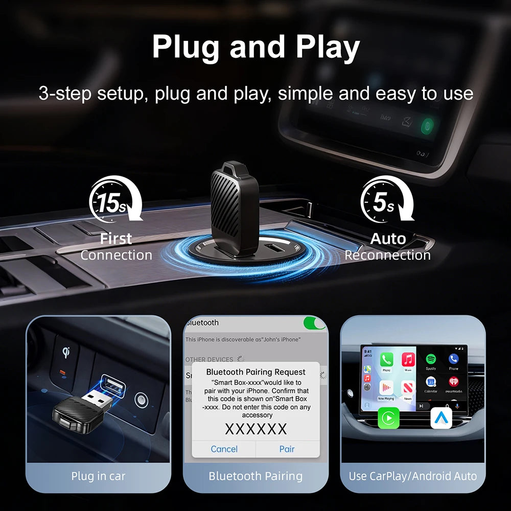 Wireless CarPlay Android Auto Adapter Wired To Wireless 5GHz WiFi USB Plug and Play for 99% Wired CarPlay/Auto Cars