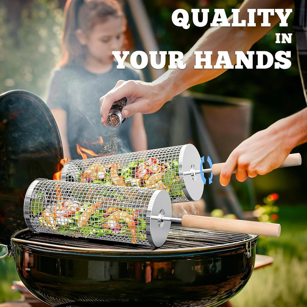 Rolling BBQ Cage with Wooden Handle - Outdoor BBQ Grill Basket | 304 Stainless Steel Grill Cylinder & Grill Net