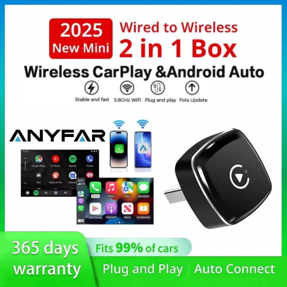ANYFAR Wireless 2IN1 CarPlay Android Auto Wireless Adapter Plug And Play Dongle Bluetooth WiFi Fast Connect