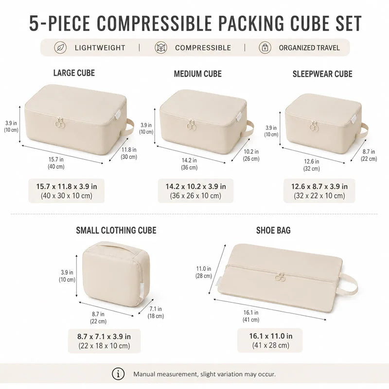5pcs Compressible Space-Expanding Cube Clothing Luggage Storage Bag Set,Travel with Zipper, Suitable for Travel and Outdoor Use