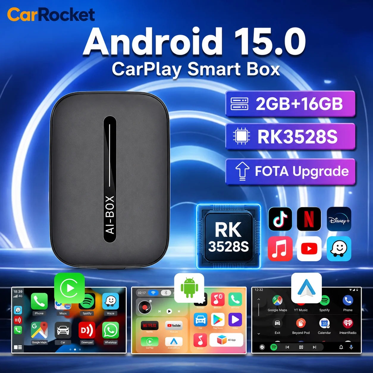 CarRocket Android 15 Wireless CarPlay Android Auto 4in1 CarPlay Ai Box 4Cores 2GB RAM+16GB ROM Plug and Play Stable Transmission