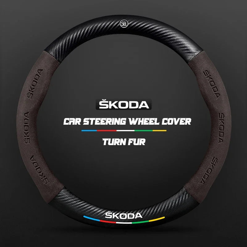 38CM suitable for Skoda Octavia Rapid Kodiaq Kamiq KAROQ carbon fiber suede car steering wheel cover accessories