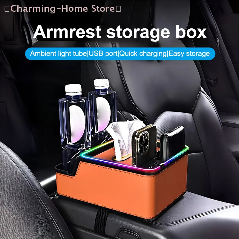 1PC Universal Car Armrest Organizer With 2 Cup Holders & Tissue Box - Back Seat Storage Box For SUV/Sedan Interior Accessories