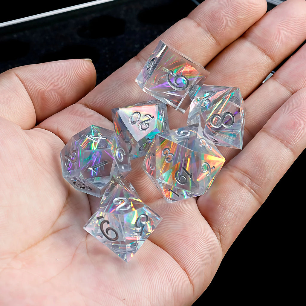 7-Piece Transparent Reflective Resin Polyhedral Dice - For Outdoor Games, Board Games, Holiday Gifts, With Gift Box Packaging