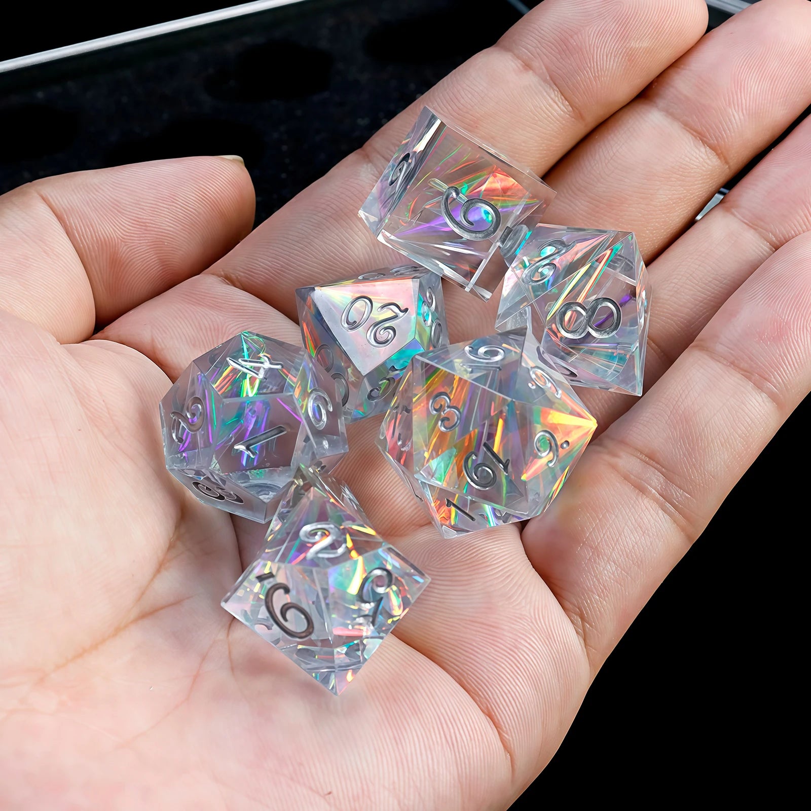 7-Piece Transparent Reflective Resin Polyhedral Dice - For Outdoor Games, Board Games, Holiday Gifts, With Gift Box Packaging