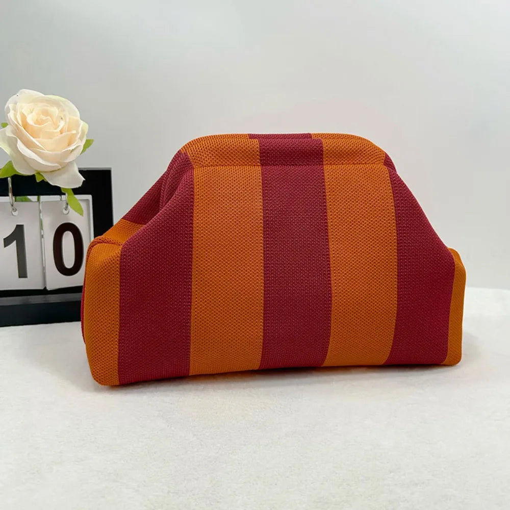 Knitted striped handbag dinner work beach large capacity daily versatile color contrast commuter clip bag women