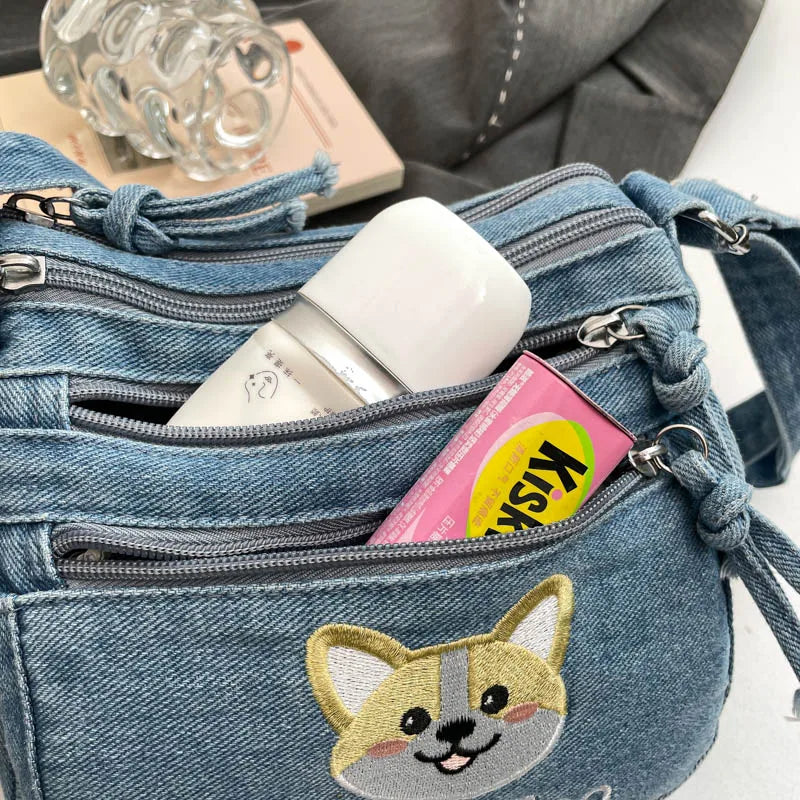 Korean Version Denim Crossbody Bag with Cute Dog Embroidery – Adjustable Strap, Multi-Pocket Small Sling for Women
