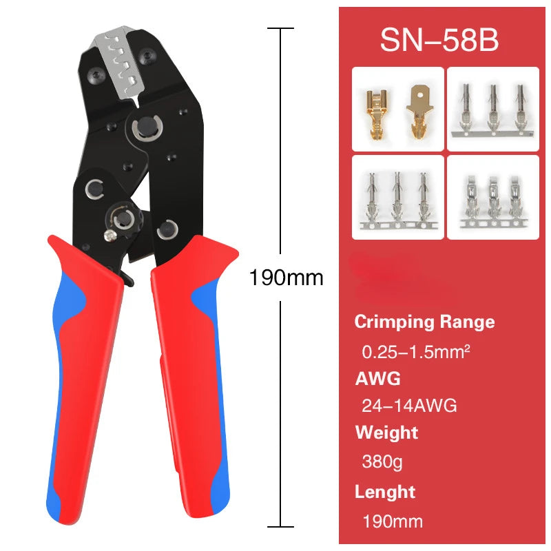 SN58B Dupont Molex JST TE Terminals & EPC PCIE SATA Pins Crimping Plier 0.25-1.5MM2 Automatic Ratcheting Crimper Tool