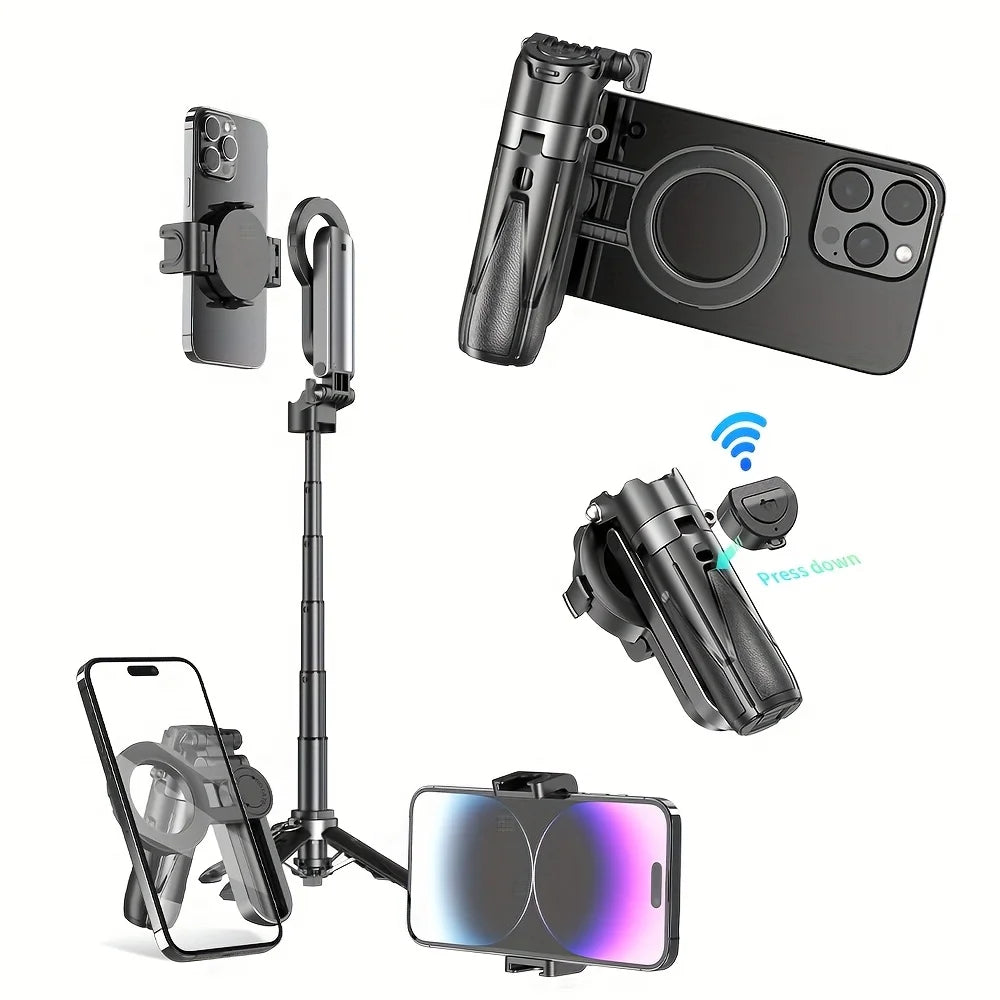 P15mini-C Magnetic Selfie Stick with Remote Extendable Cell Phone Tripod Stand Compatible with MagSafe, Selfie Stick Tripod