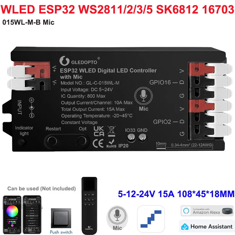 5GLEDOPTO ESP32 PWM WLED Dynamic LED Controller 5 in 1 DC12-24V WIFI App Control for RGBCCT RGBW RGB CCT DM WS2811/2B/3/5 Strip