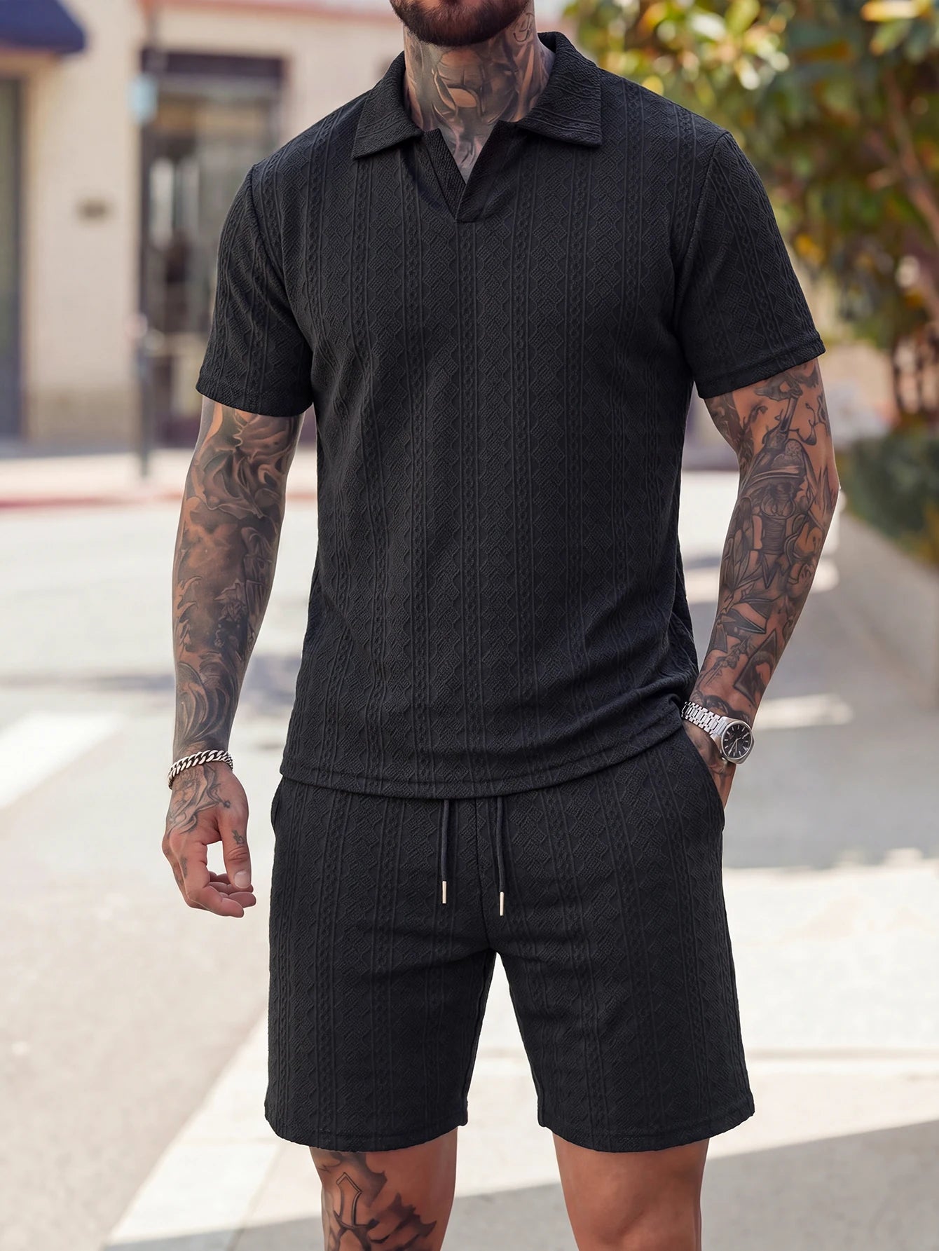 Lightly Mature Style Vertical Stripe Texture Casual Simple Breathable Men's Short-Sleeve Short Pants Two-Piece Set