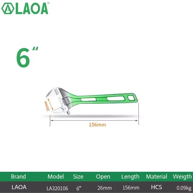 LAOA Short Handle Wrench Adjustable Light Weight Large Open Spanner 6" 8" 10" 12" Repair Tool