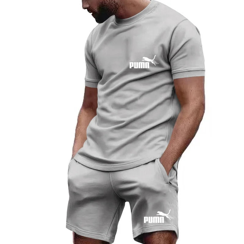 2026 new summer men's T-shirt+shorts set printed fashionable casual round neck pullover, breathable quick running sports shorts