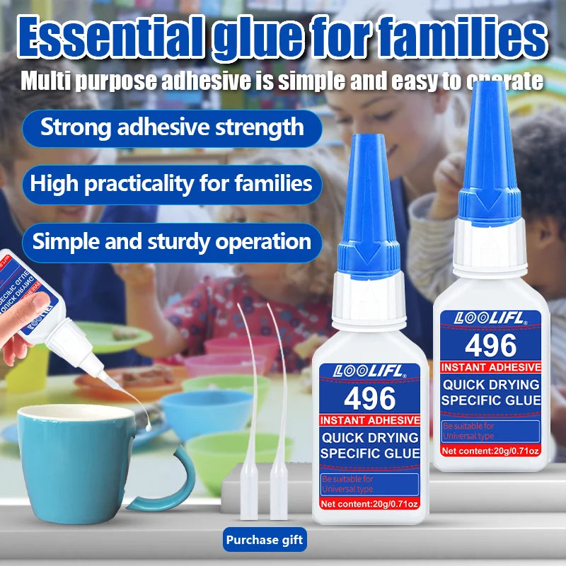 LOOLIFL 496 high strength instant glue, super glue, cyanoacrylate glue, suitable for glass, metal, plastic, wood, rubber, not easy to whiten, long lasting, send glue tube, factory direct, 20ml, 1-3pcs.