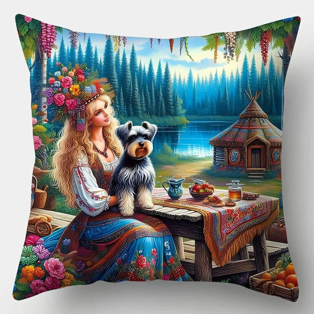 4-piece printed cushion cover set, featuring a floral maiden design with dogs and log cabins, suitable for living room sofa