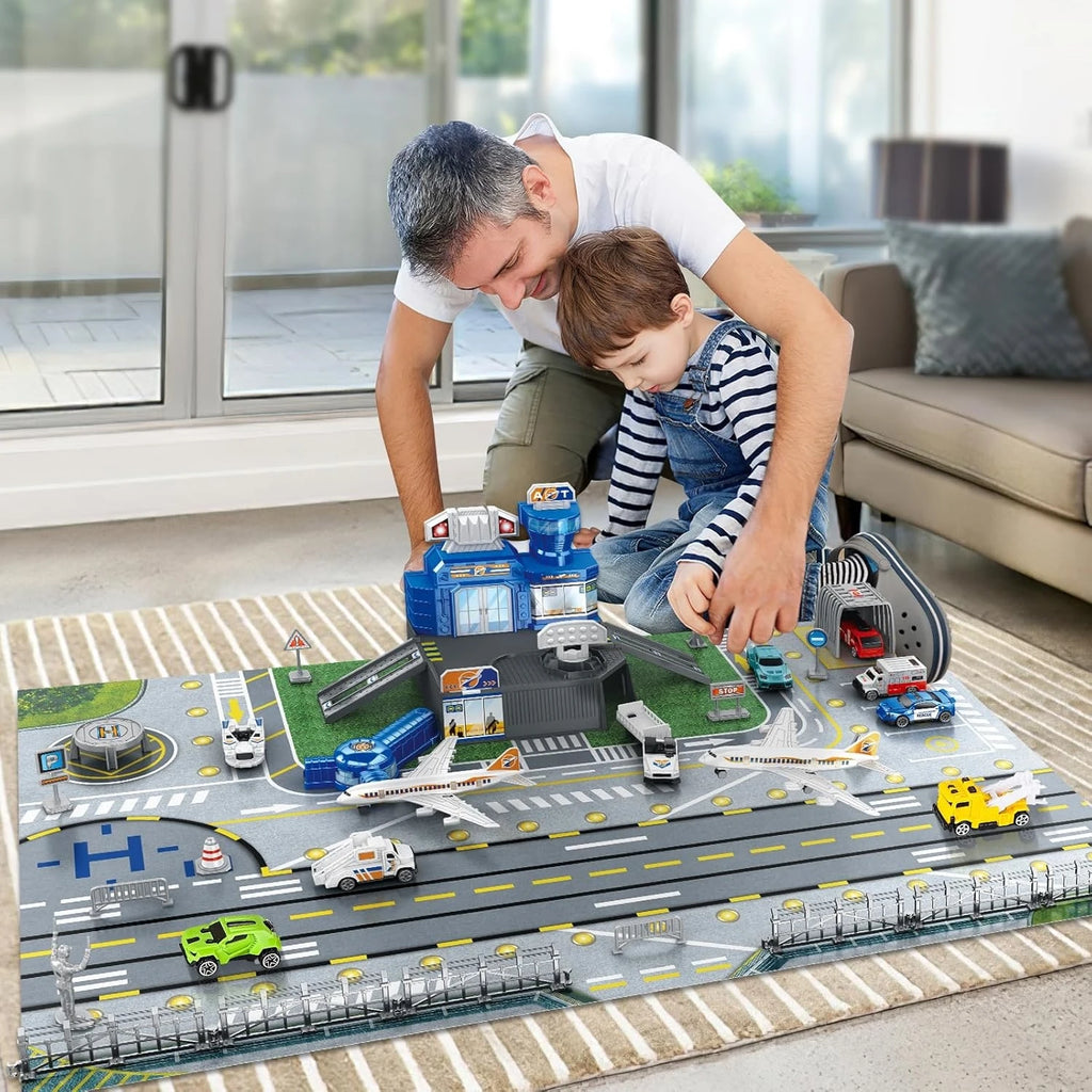 Children's Airport Scene Toy Set with Car, Helicopter, Airplane, Tower, and Airport Play Mat, Transport Aircraft Model, Suitable for Children Aged 3-12, Birthday Gift, Christmas Gift, New Year Gift