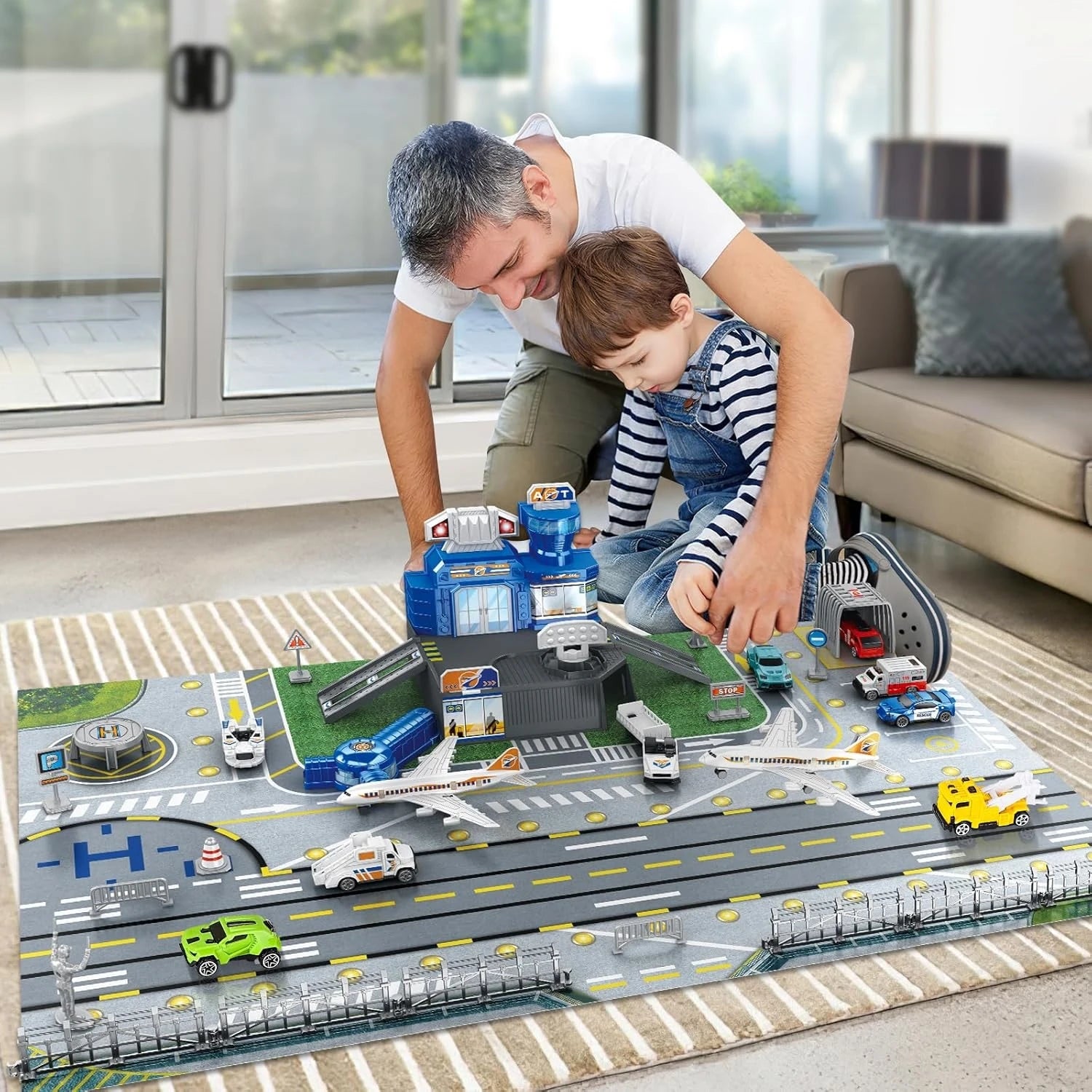 Children's Airport Scene Toy Set with Car, Helicopter, Airplane, Tower, and Airport Play Mat, Transport Aircraft Model, Suitable for Children Aged 3-12, Birthday Gift, Christmas Gift, New Year Gift