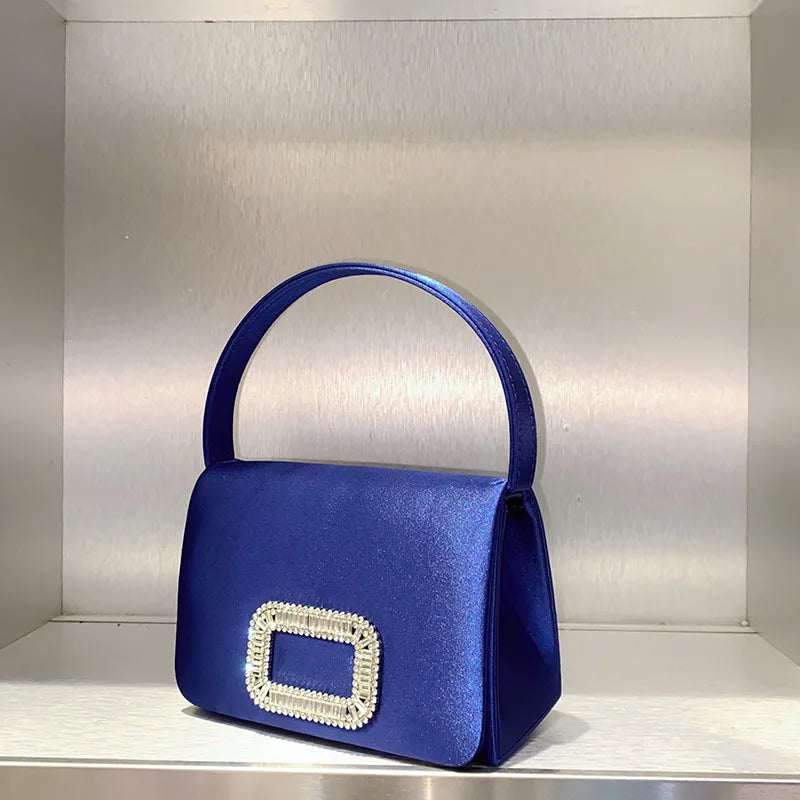 Luxury Diamond Square Button Women's Evening Bag Party Clutch Purses Satin Rhinestone Small Square Bag Chains Shoulder Bag Bolsa