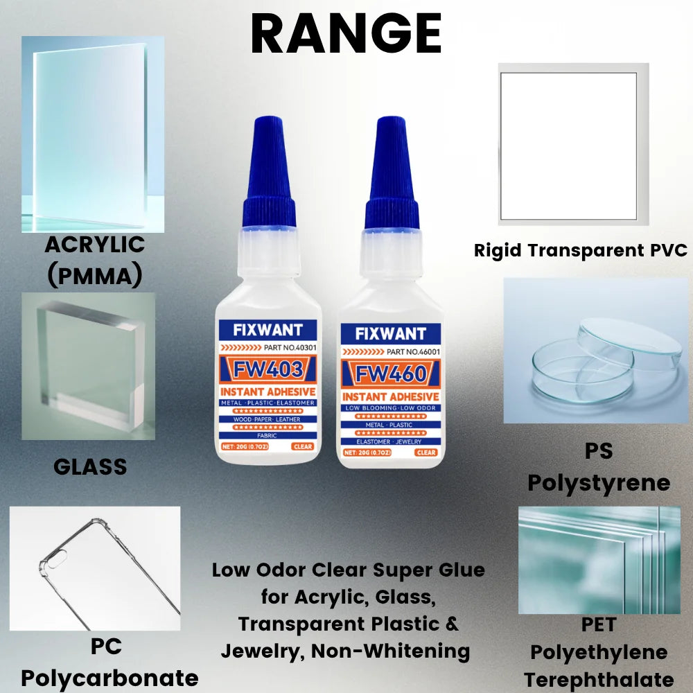 Low Blooming Instant Adhesive 20g - Low Odor Clear Non-Whitening Super Glue for Acrylic, Glass, Transparent Plastic & Jewelry
