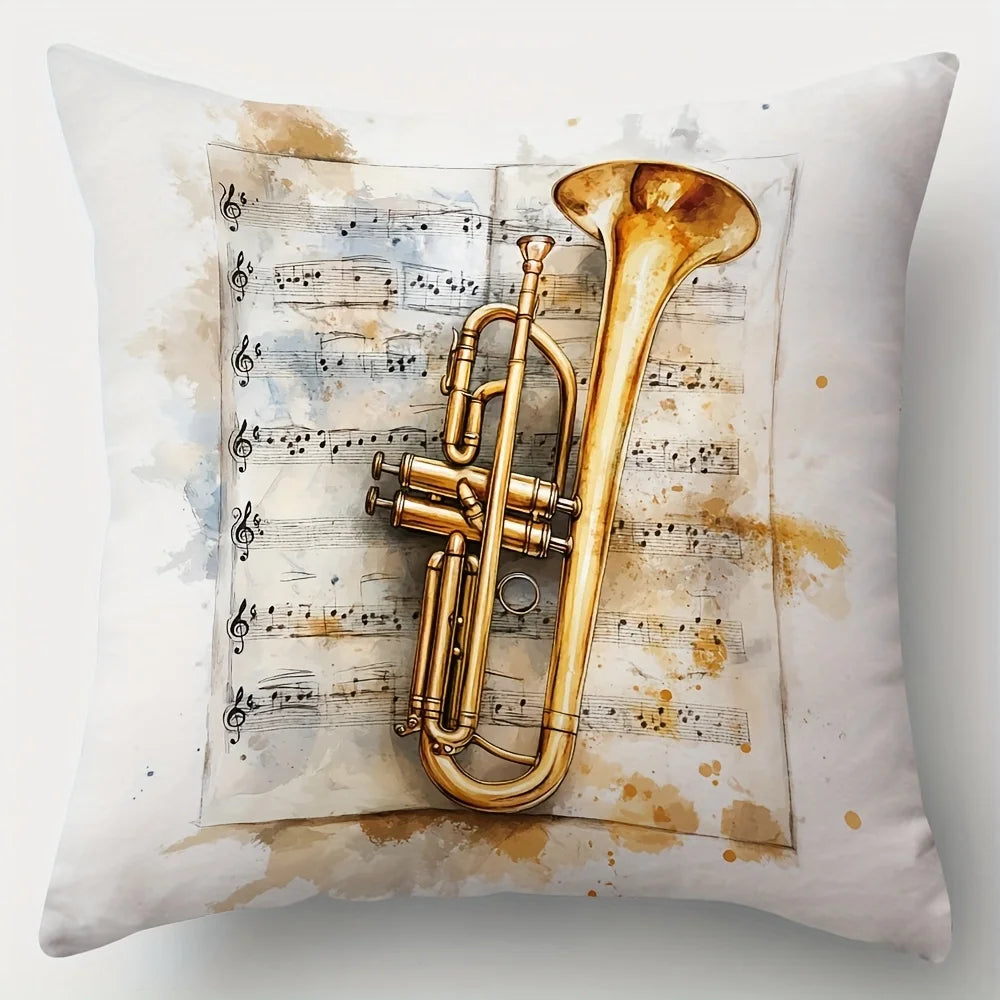 4-Piece Spring/Summer Decorative Pillowcase Set – Vintage Musical Instrument Design (Trumpet, Violin, Flute & Piano)