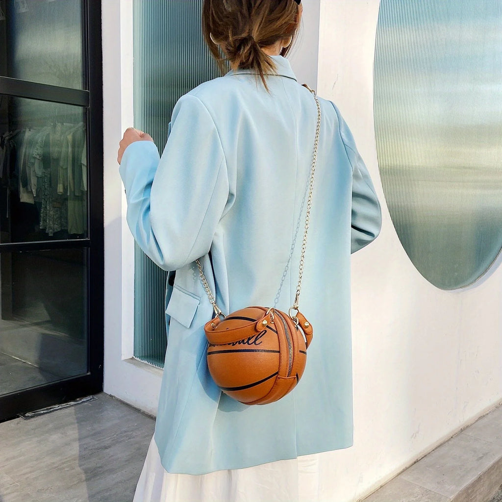 Basketball Shaped Crossbody Bag, Trendy Y2K Chain Shoulder Bag, PU Leather Top Handle Circle Purse Purses and Handbags Hand Bags