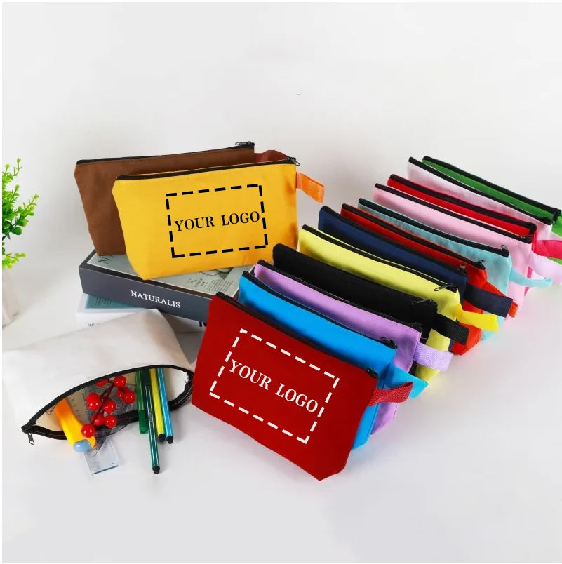 10/20Pcs Custom Logo Colored Canvas Pencil Case with Zipper Handheld Makeup Bag DIY Stationery&Cosmetic Storage Organizer Pouch