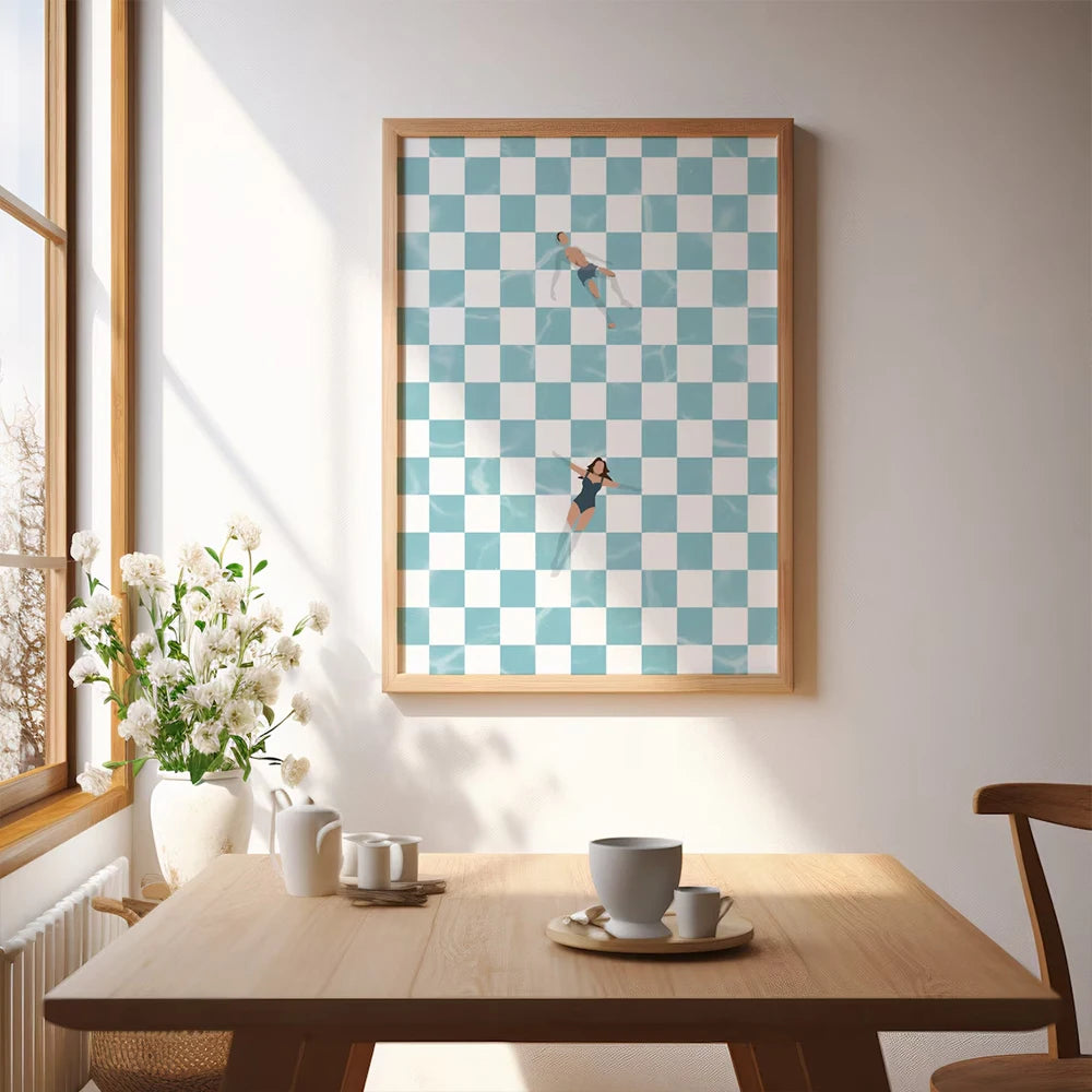 Modern Trendy Retro People At Pool Checker Board Prints Canvas Painting Poster Picture For Kitchen Living Room Home Decor