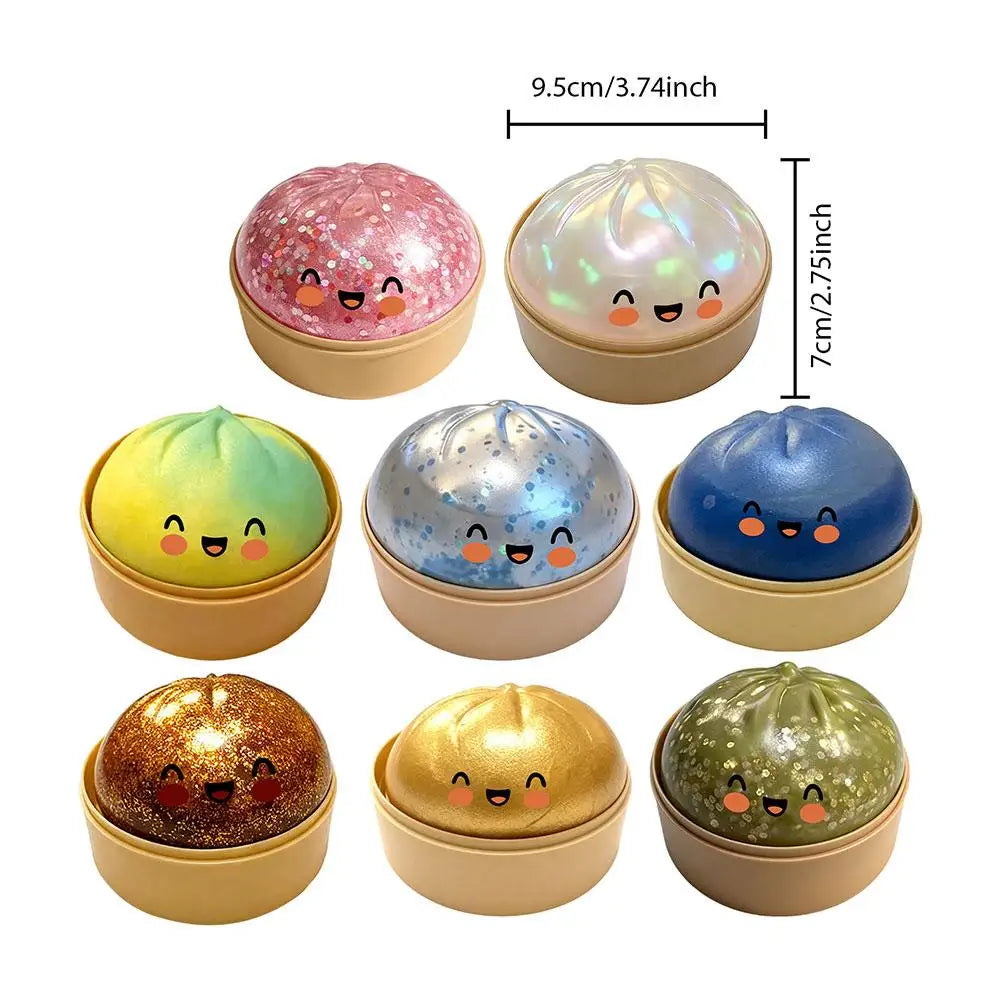 Cute Glitter Giant Bun Squeeze Fidget Toy, Realistic Slow Rising Decompression Ball with Steamer, Soft Stress Relief Toy
