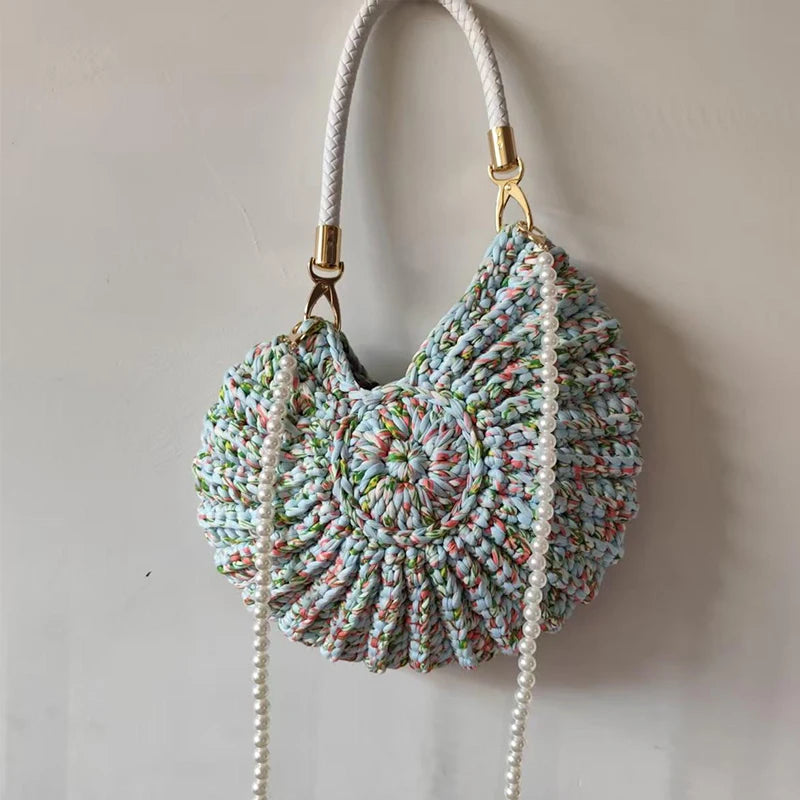 Creative Candy Color Conch Bag For Women Crochet Shoulder Bags Funny Cute Pearls Chains Handmade Weave Crossbody Hobo Shell Bag