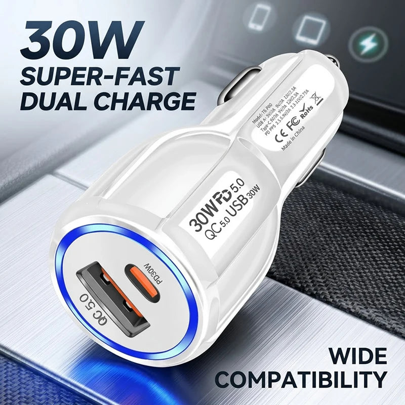 30W Car Charger Dual Port PD QC 5.0 USB Adapter Blue LED Glow Stable Metal Shrapnel Design For Smart Phones and Dash Cams