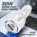 30W Car Charger Dual Port PD QC 5.0 USB Adapter Blue LED Glow Stable Metal Shrapnel Design For Smart Phones and Dash Cams