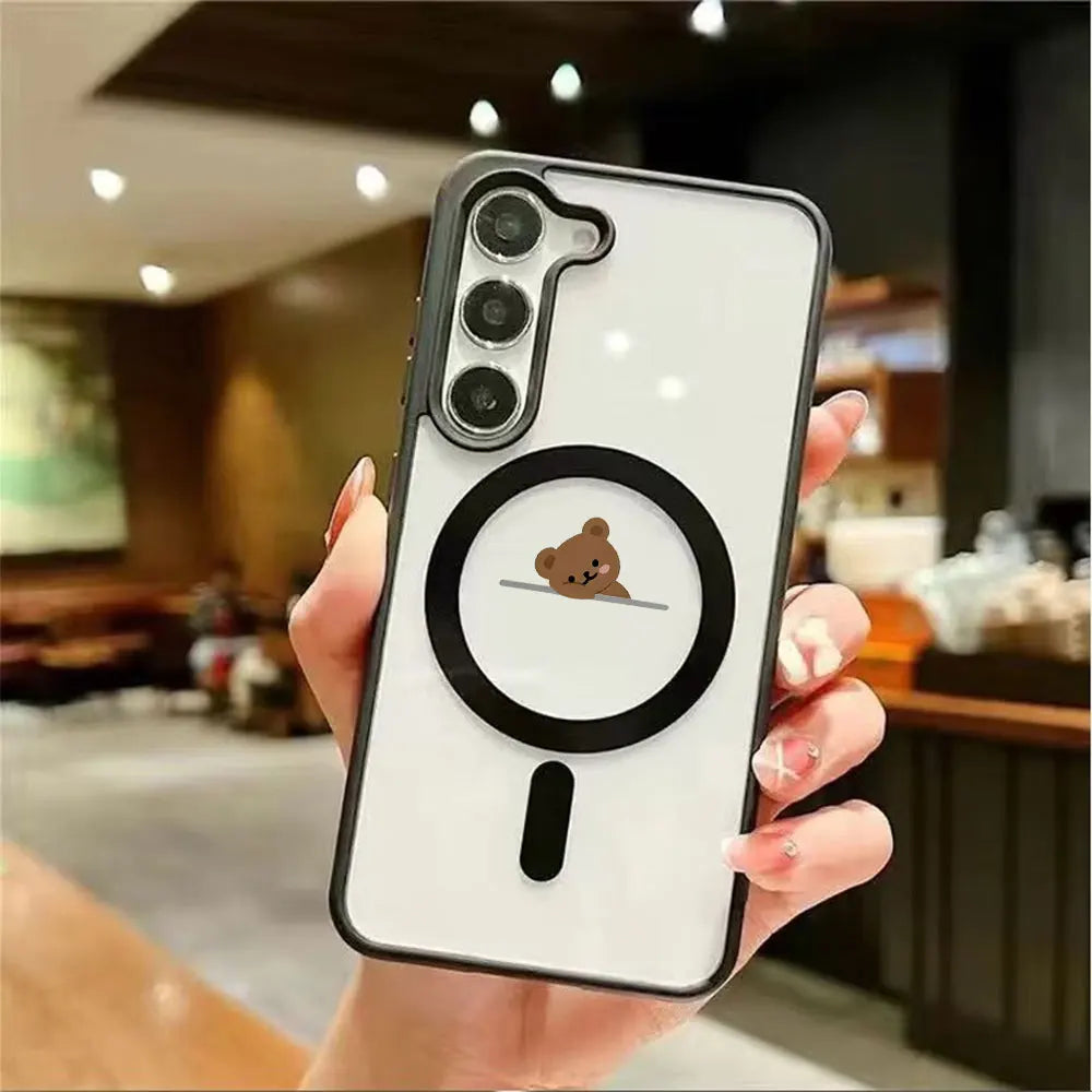 Cartoon Cute Bear Magnetic Wireless Charging Phone Case For Samsung Galaxy S26 S25 S24 S23 S22 Ultra Plus FE Soft Bumper Cover