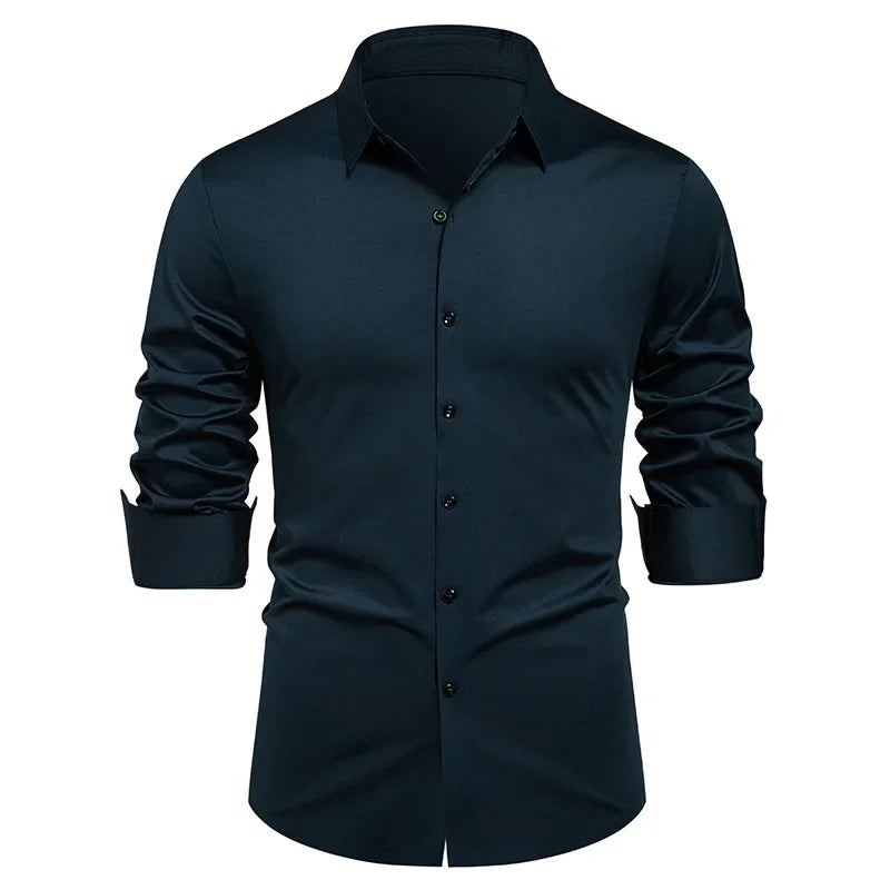 High-end Formal Work Shirts Men Spring Autumn Long Sleeve Elastic Shirt Anti-wrinkle Free Ironing Business Comfort Slim Workwear