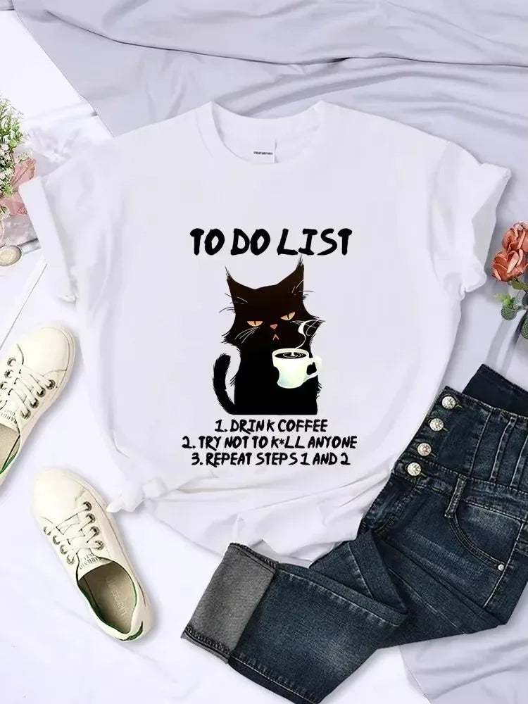 Plus-size I Want Coffee T Shirt Women Funny Cat Tshirt Summer Short Sleeve Y2k Tops Fashion Hip Hop Tees Clothes