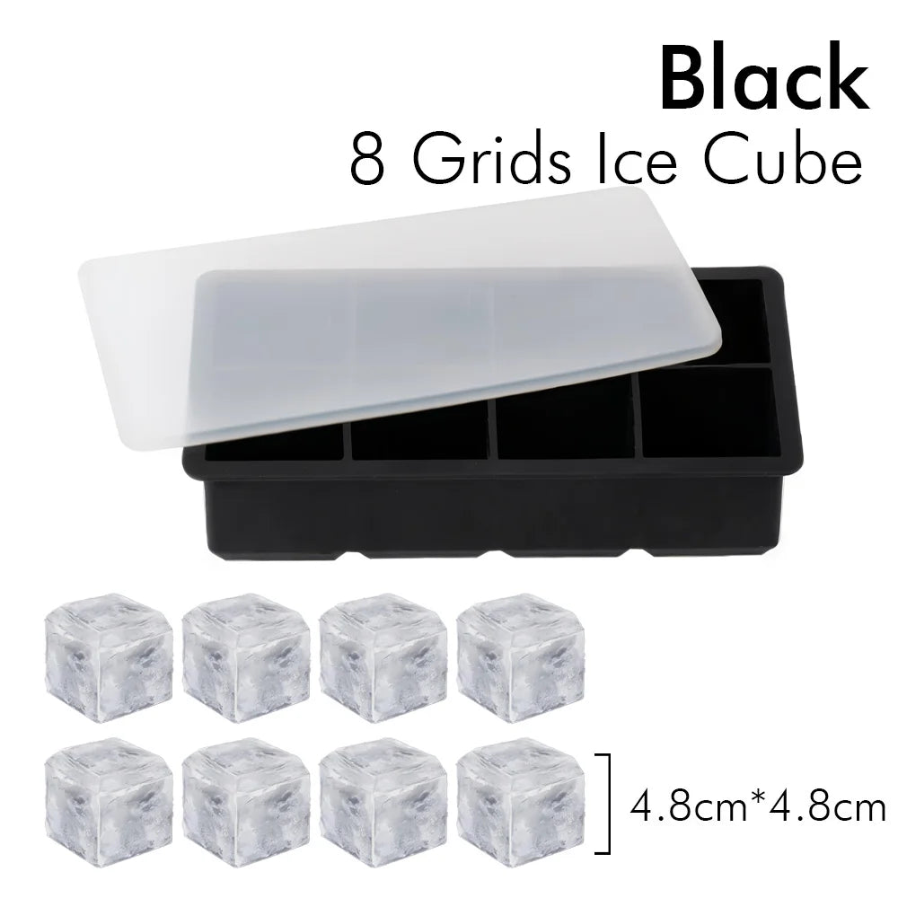 8 Grids Large Ice Cube Tray with Lid Food Grade Silicone Rubber Colorful Square Ice Cube Mold For Cocktail Iced Coffee Kitchen