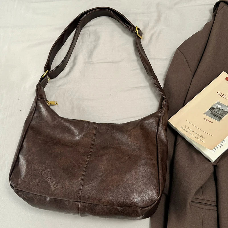 Ultra Soft Pu Leather Commuter Fashion Vintage Casual Tote Bag  Large Capacity Temperament Stylish Crossbody Bags For Women