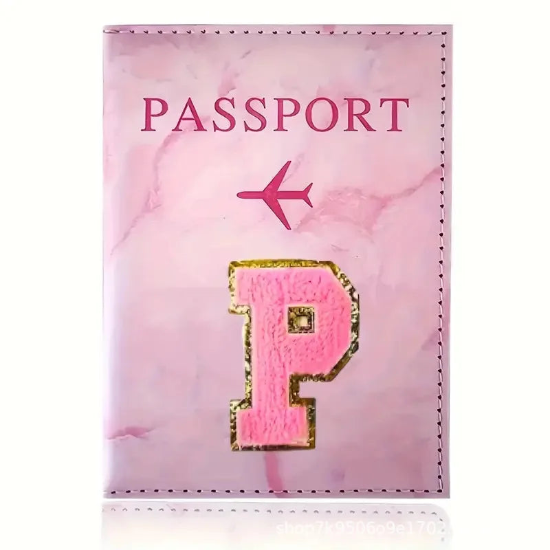 Pink PU Leather Passport Holder with Embroidery Label, Ticket & ID Credit Card Holder Cover, Travel Accessories